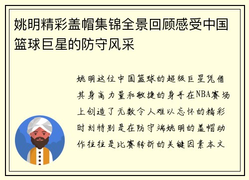 姚明精彩盖帽集锦全景回顾感受中国篮球巨星的防守风采