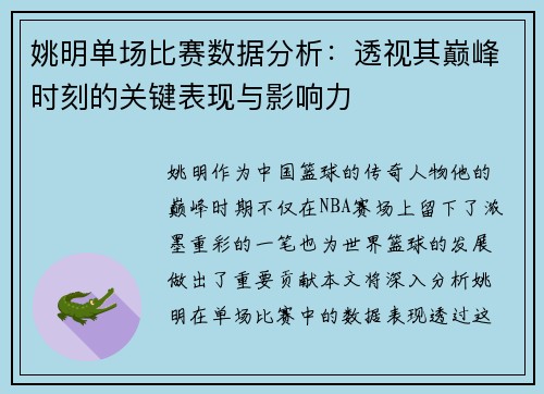 姚明单场比赛数据分析：透视其巅峰时刻的关键表现与影响力